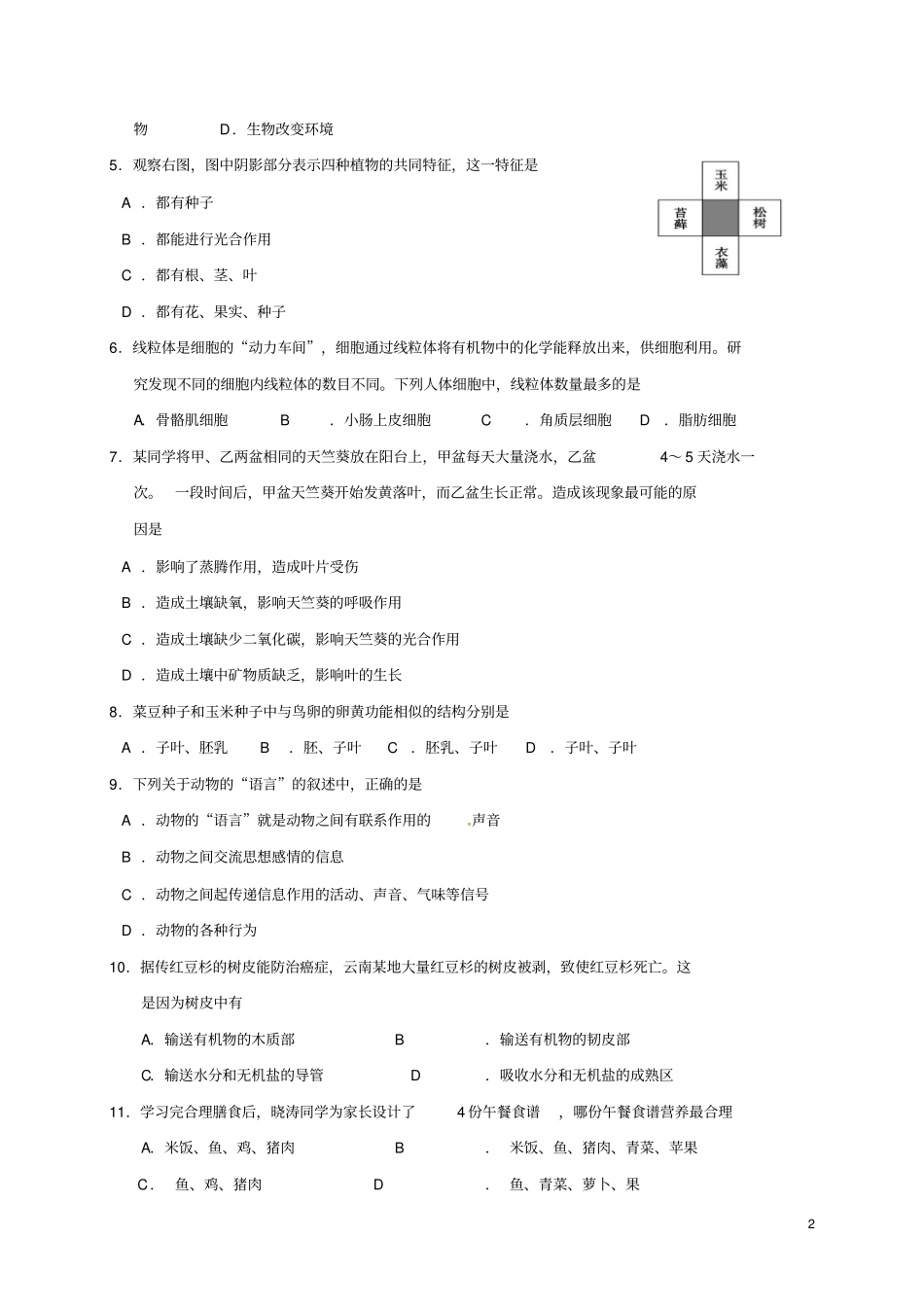 山东莱芜2017届初中生物学业模拟试题一_第2页