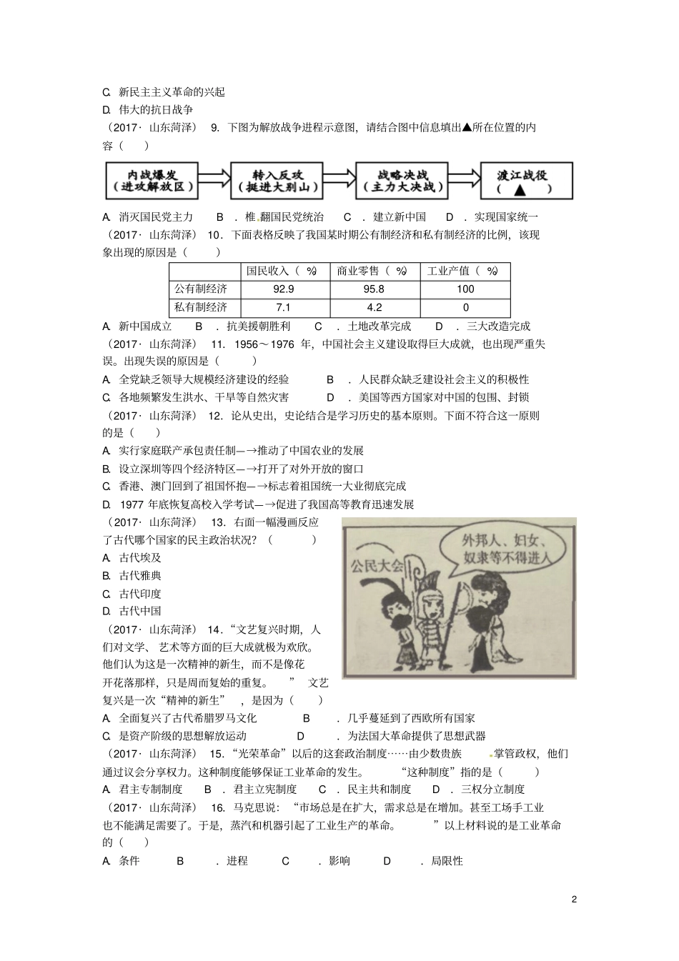 山东菏泽2017年中考历史真题试题含答案_第2页