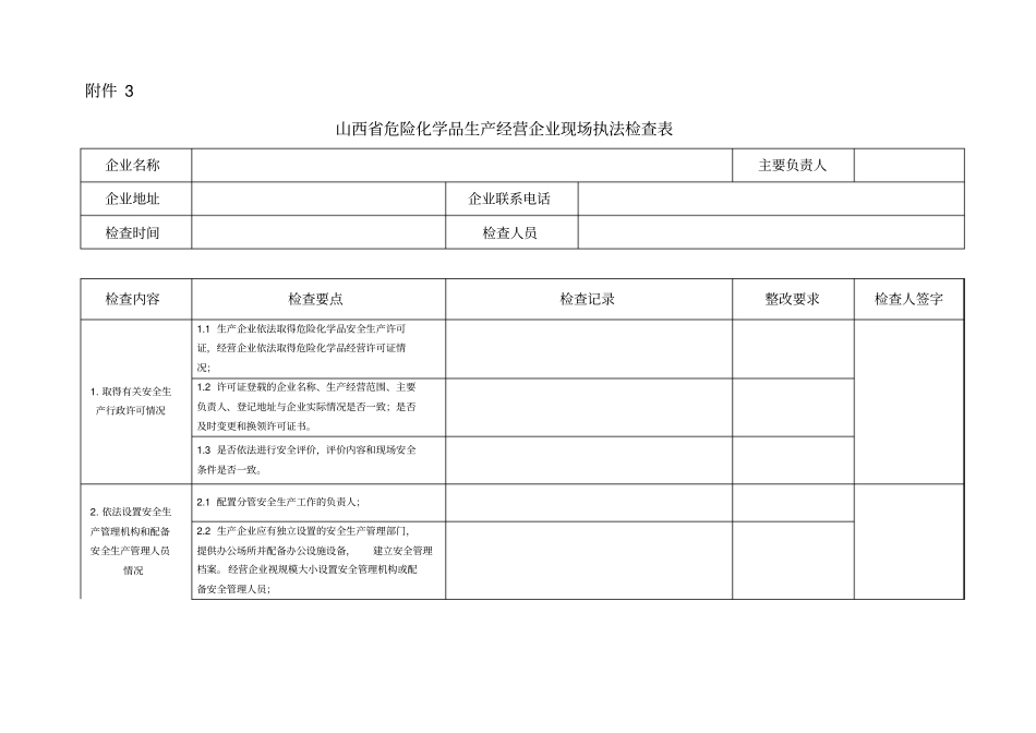 山西危险化学品生产经营企业现场执法检查表_第1页