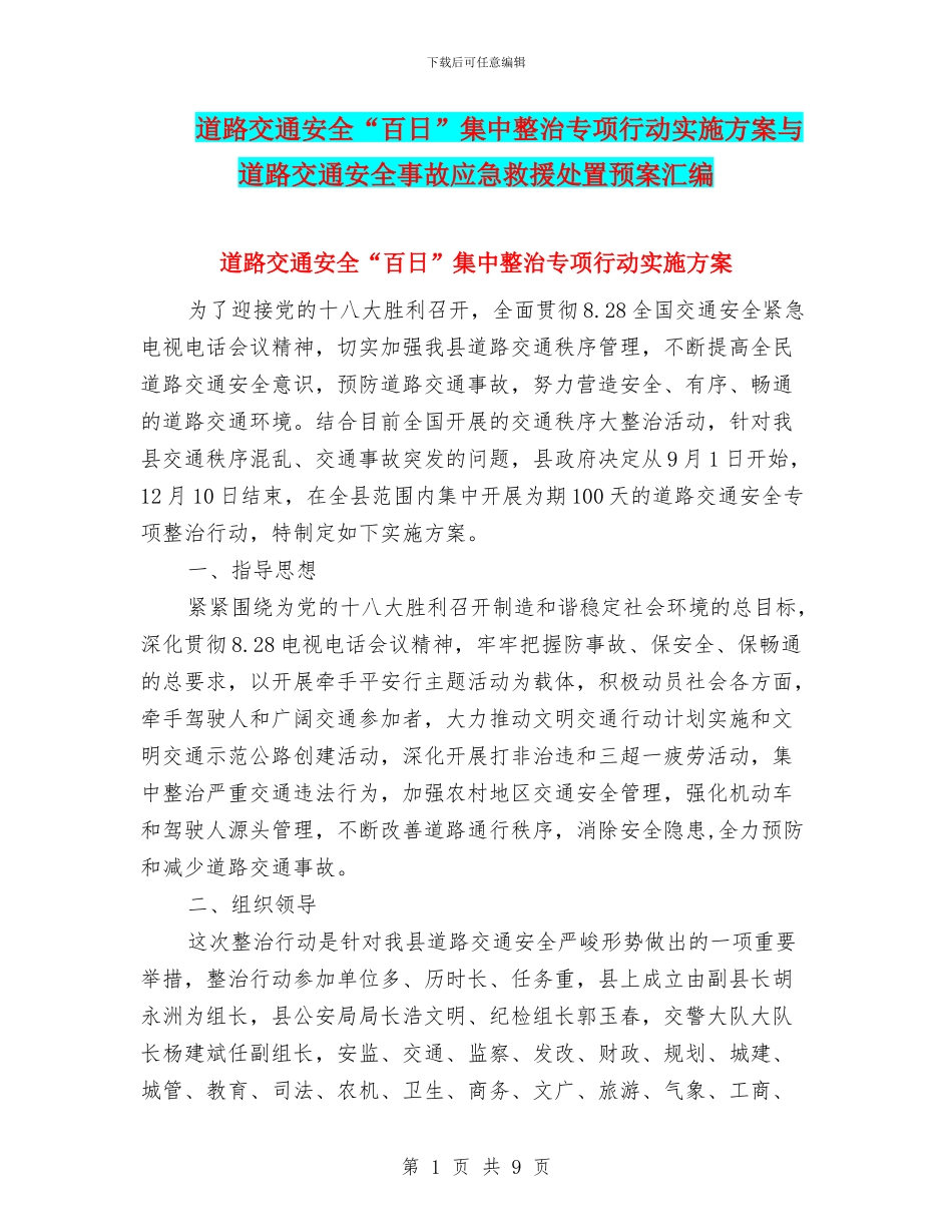 道路交通安全“百日”集中整治专项行动实施方案与道路交通安全事故应急救援处置预案汇编_第1页