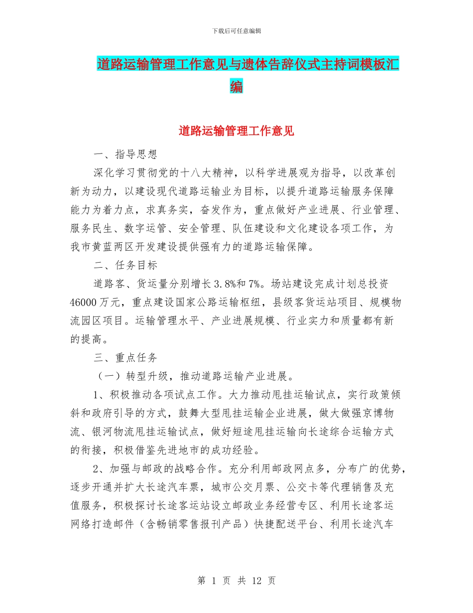道路运输管理工作意见与遗体告别仪式主持词模板汇编_第1页