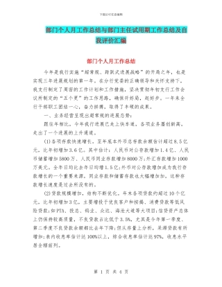 部门个人月工作总结与部门主任试用期工作总结及自我评价汇编