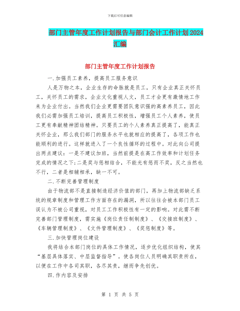 部门主管年度工作计划报告与部门会计工作计划2024汇编_第1页
