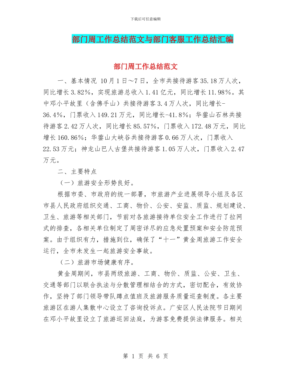 部门周工作总结范文与部门客服工作总结汇编_第1页