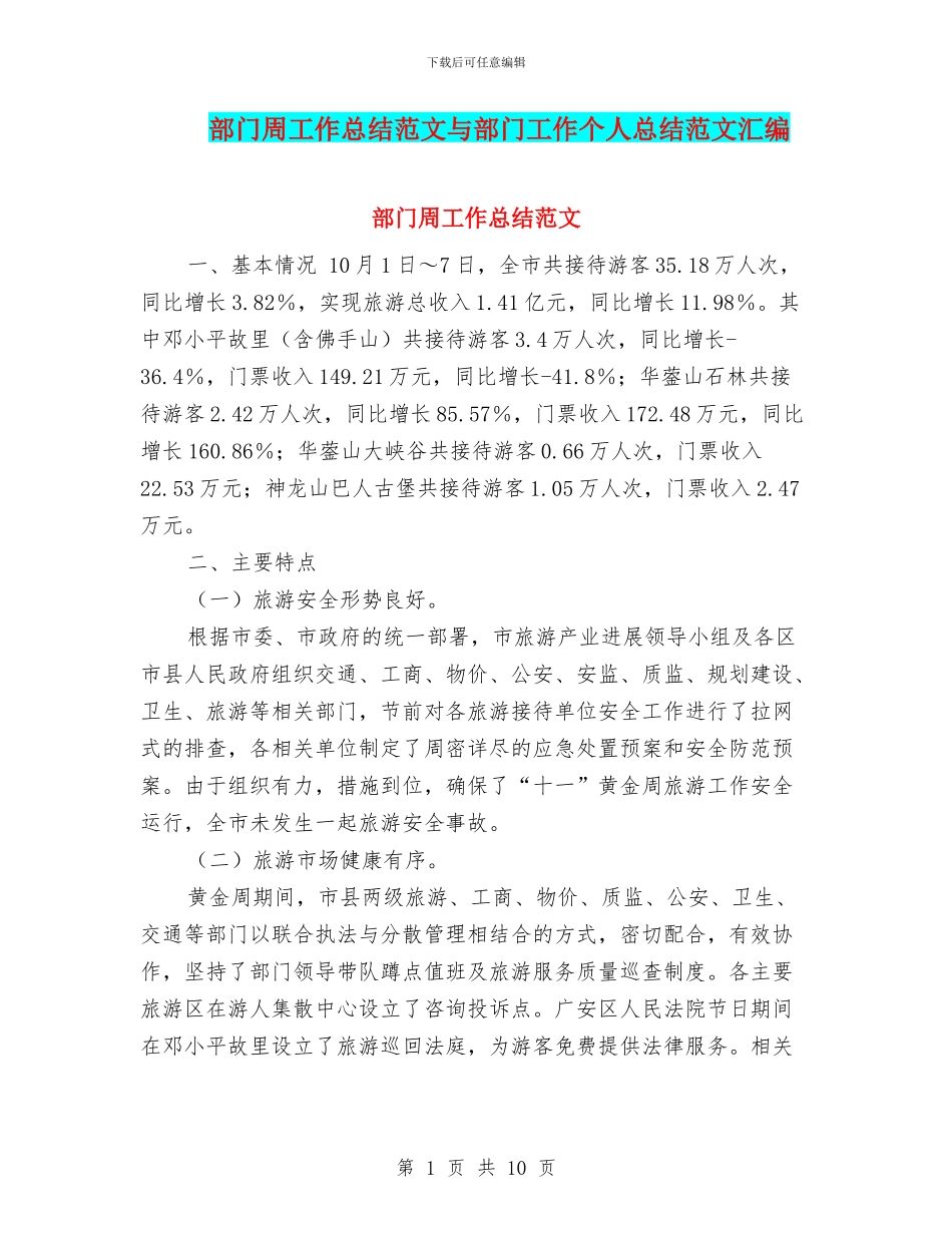 部门周工作总结范文与部门工作个人总结范文汇编_第1页