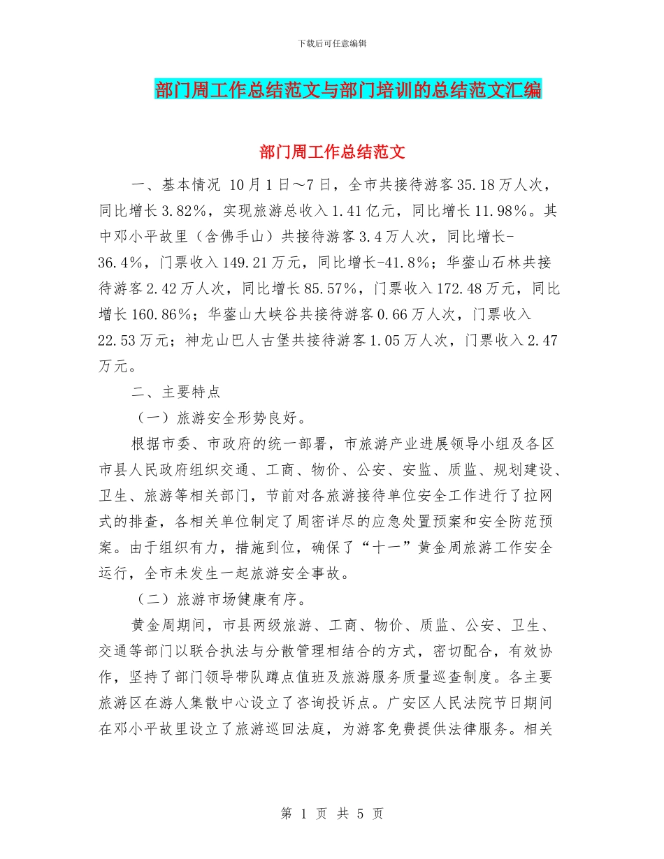 部门周工作总结范文与部门培训的总结范文汇编_第1页