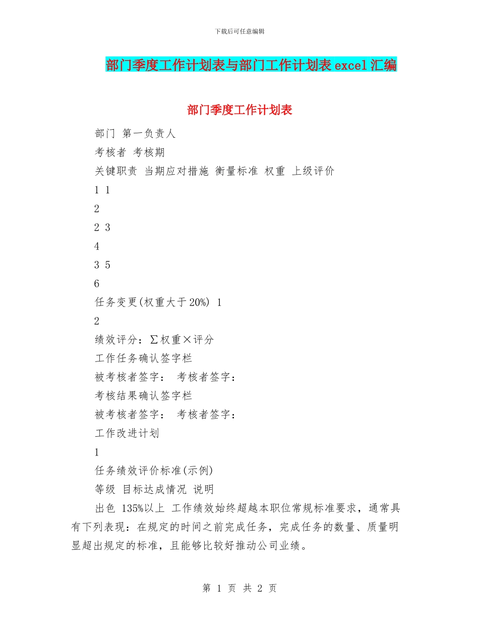 部门季度工作计划表与部门工作计划表excel汇编_第1页