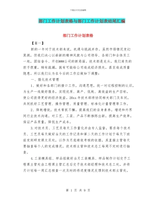部门工作计划表格与部门工作计划表结尾汇编