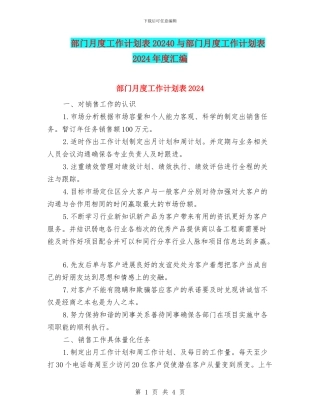 部门月度工作计划表20240与部门月度工作计划表2024年度汇编