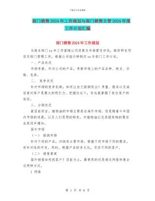 部门销售2024年工作规划与部门销售主管2024年度工作计划汇编