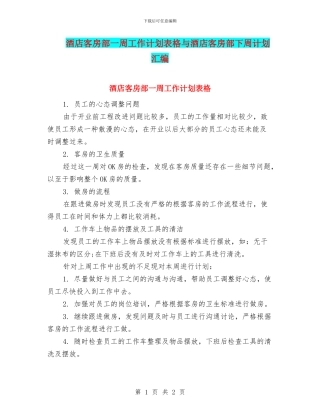 酒店客房部一周工作计划表格与酒店客房部下周计划汇编