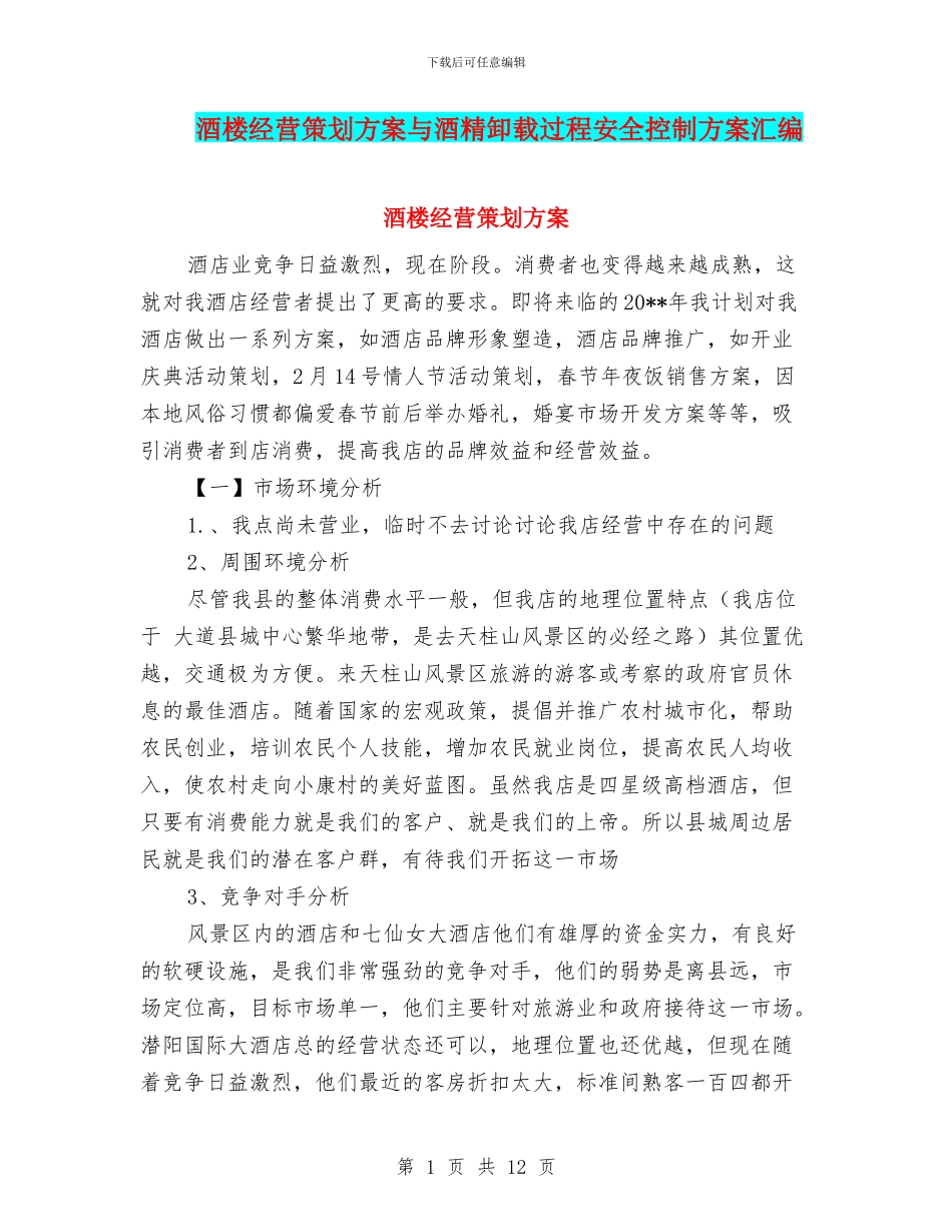 酒楼经营策划方案与酒精卸载过程安全控制方案汇编_第1页