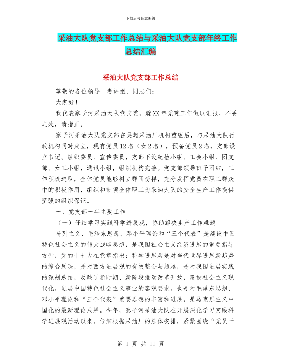采油大队党支部工作总结与采油大队党支部年终工作总结汇编_第1页