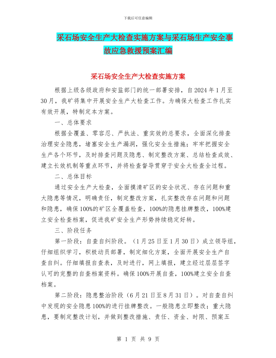 采石场安全生产大检查实施方案与采石场生产安全事故应急救援预案汇编_第1页