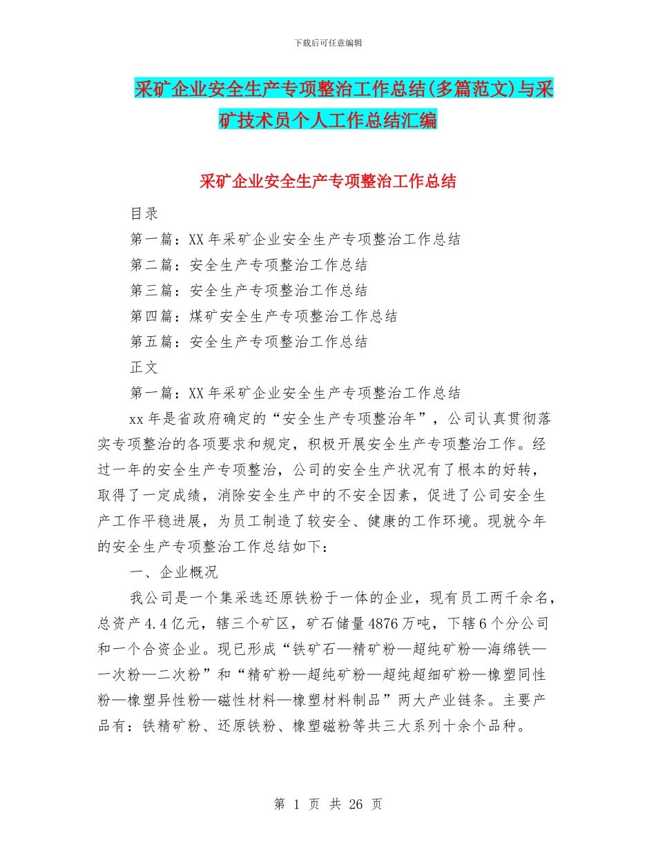 采矿企业安全生产专项整治工作总结与采矿技术员个人工作总结汇编_第1页