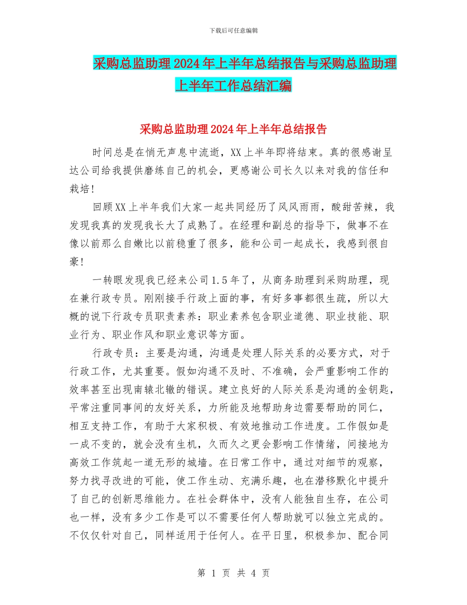 采购总监助理2024年上半年总结报告与采购总监助理上半年工作总结汇编_第1页