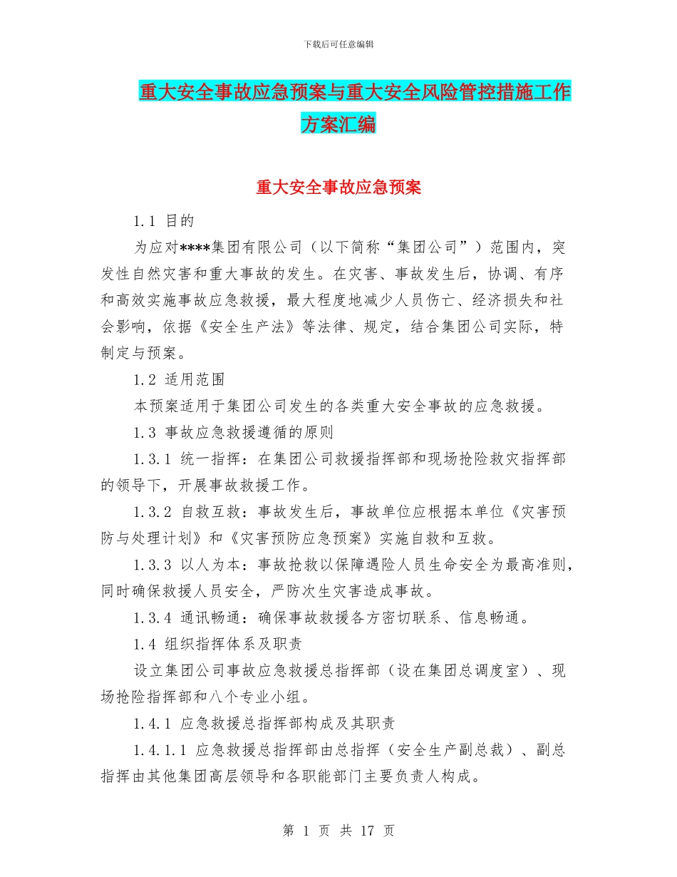 重大安全事故应急预案与重大安全风险管控措施工作方案汇编_第1页