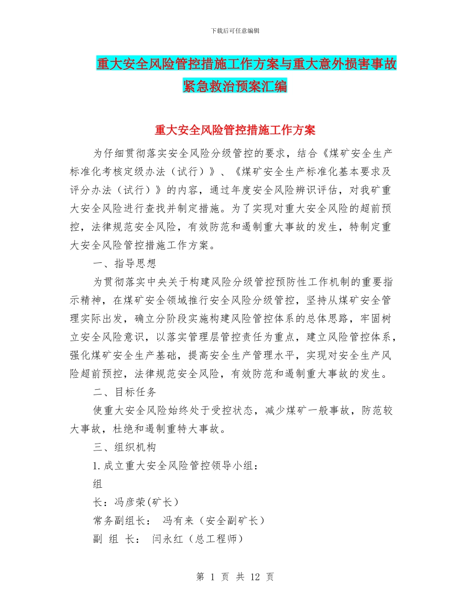 重大安全风险管控措施工作方案与重大意外伤害事故紧急救治预案汇编_第1页