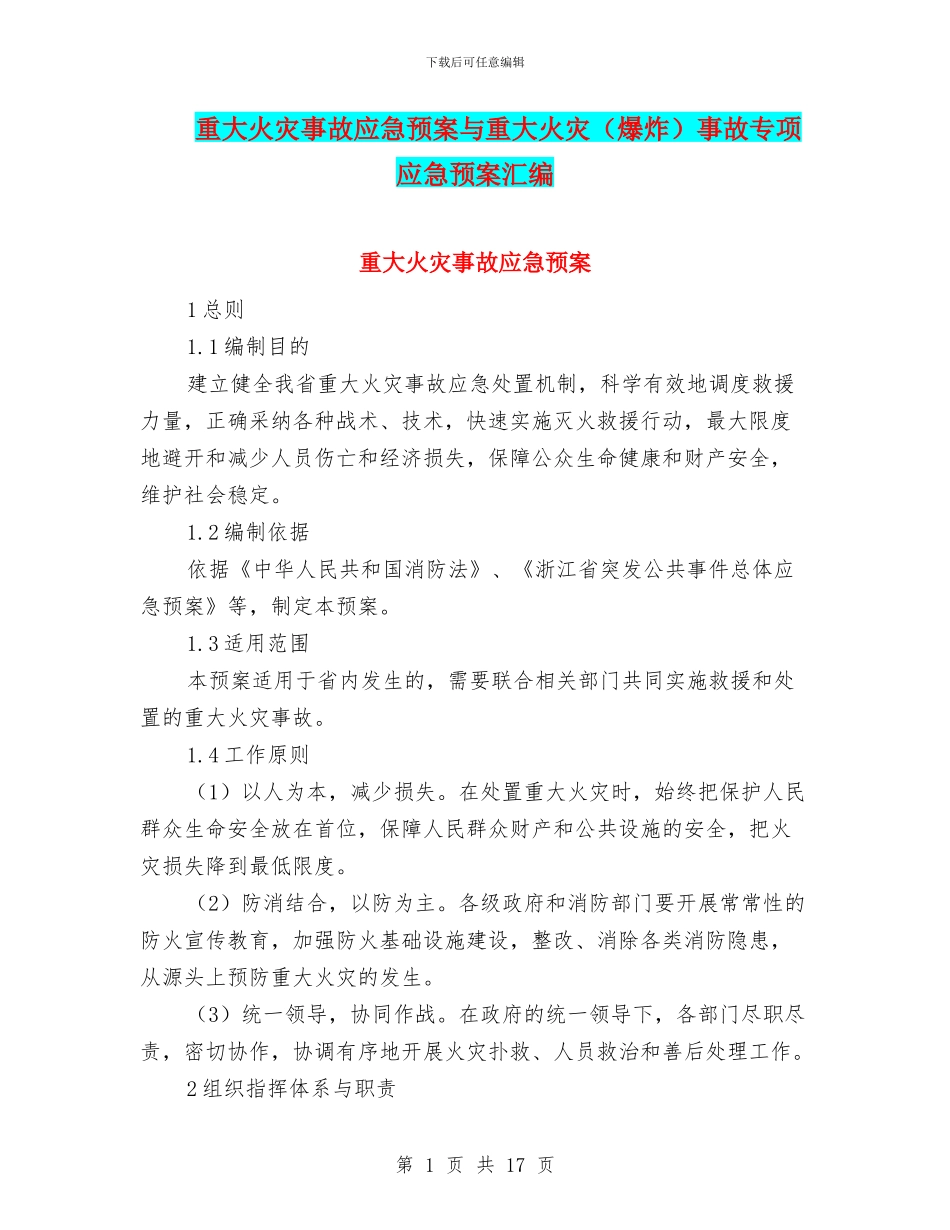 重大火灾事故应急预案与重大火灾事故专项应急预案汇编_第1页