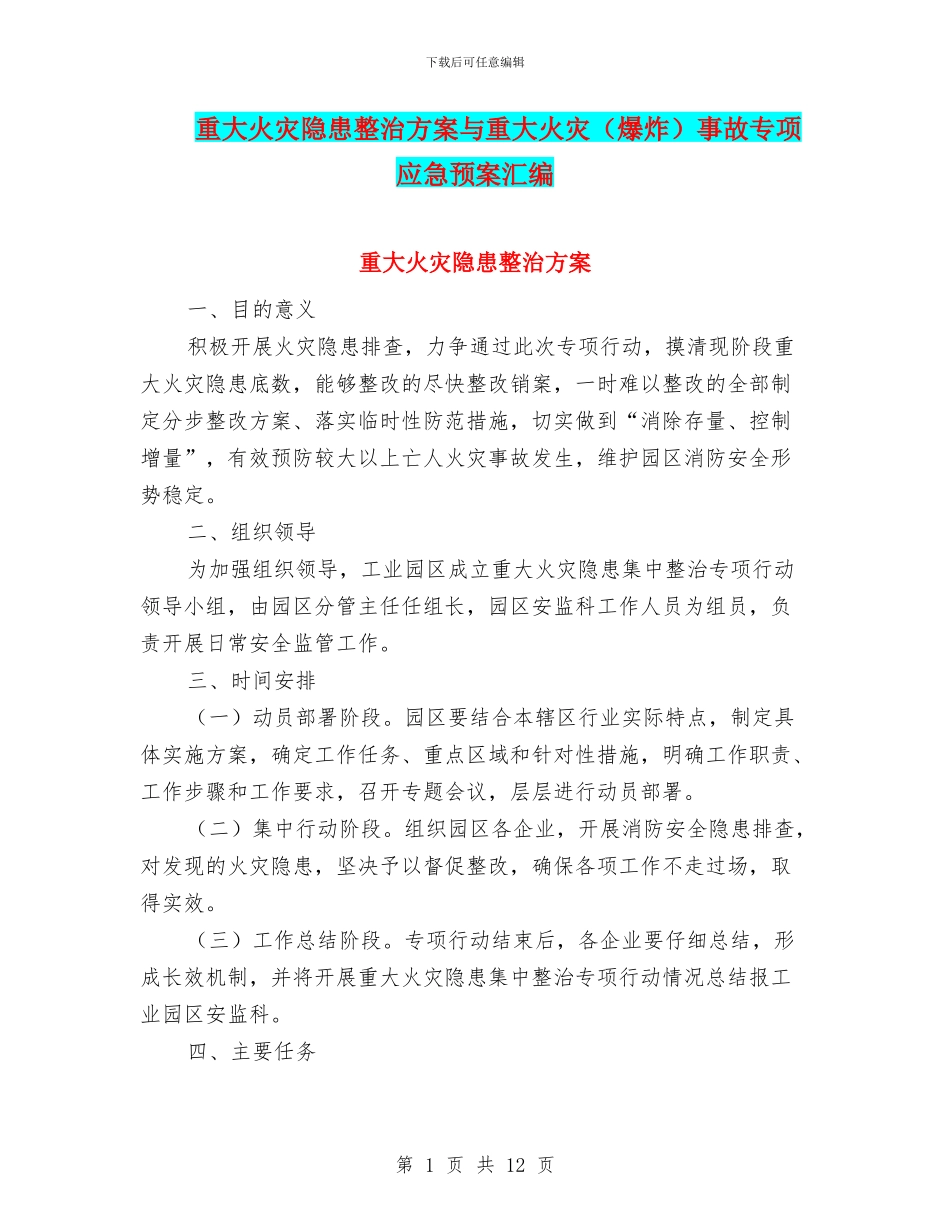 重大火灾隐患整治方案与重大火灾事故专项应急预案汇编_第1页