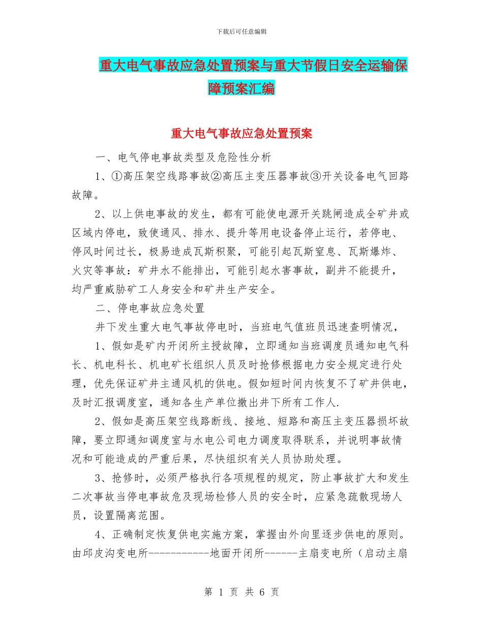 重大电气事故应急处置预案与重大节假日安全运输保障预案汇编_第1页
