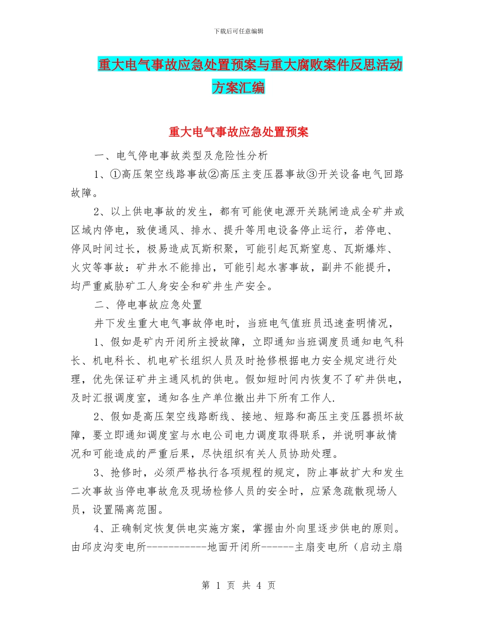 重大电气事故应急处置预案与重大腐败案件反思活动方案汇编_第1页