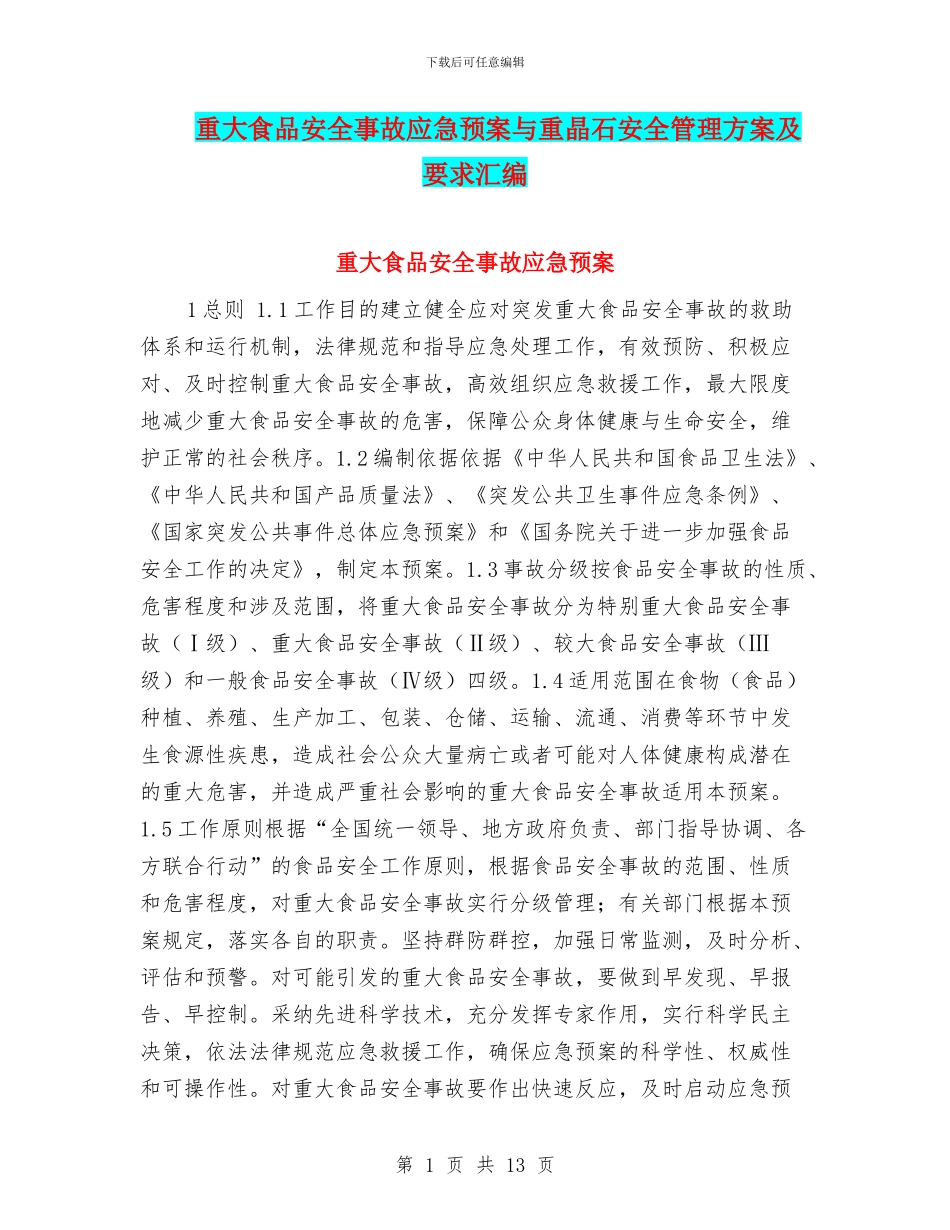 重大食品安全事故应急预案与重晶石安全管理方案及要求汇编_第1页