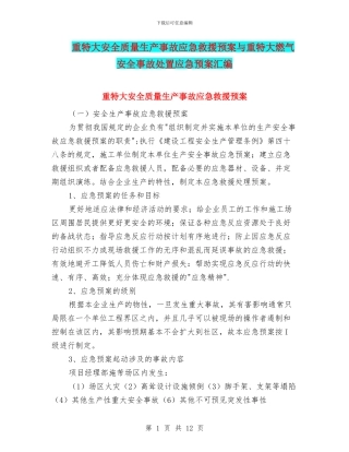 重特大安全质量生产事故应急救援预案与重特大燃气安全事故处置应急预案汇编