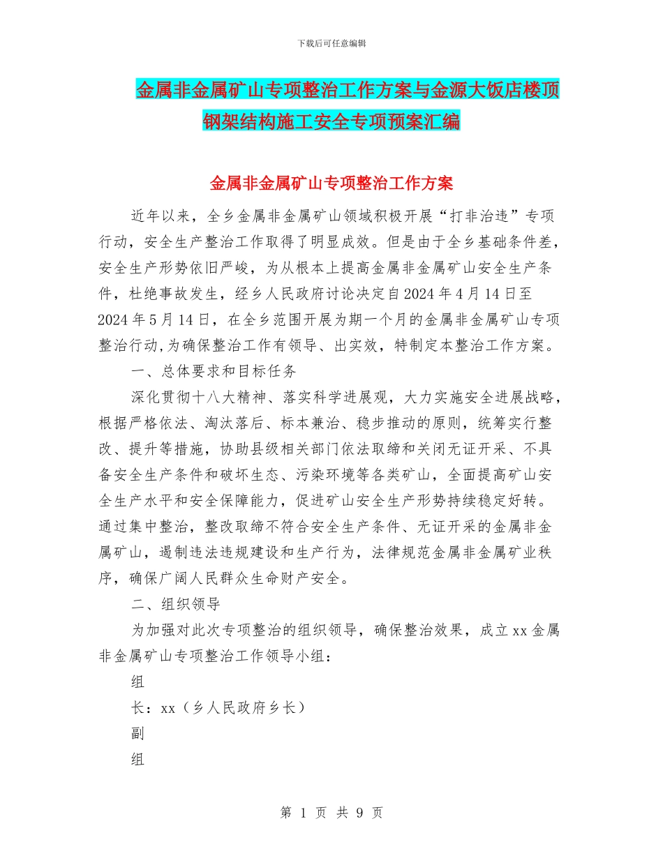 金属非金属矿山专项整治工作方案与金源大饭店楼顶钢架结构施工安全专项预案汇编_第1页