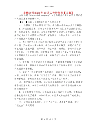金融公司2024年10月工作计划书