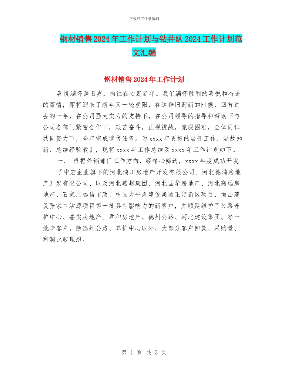 钢材销售2024年工作计划与钻井队2024工作计划范文汇编_第1页