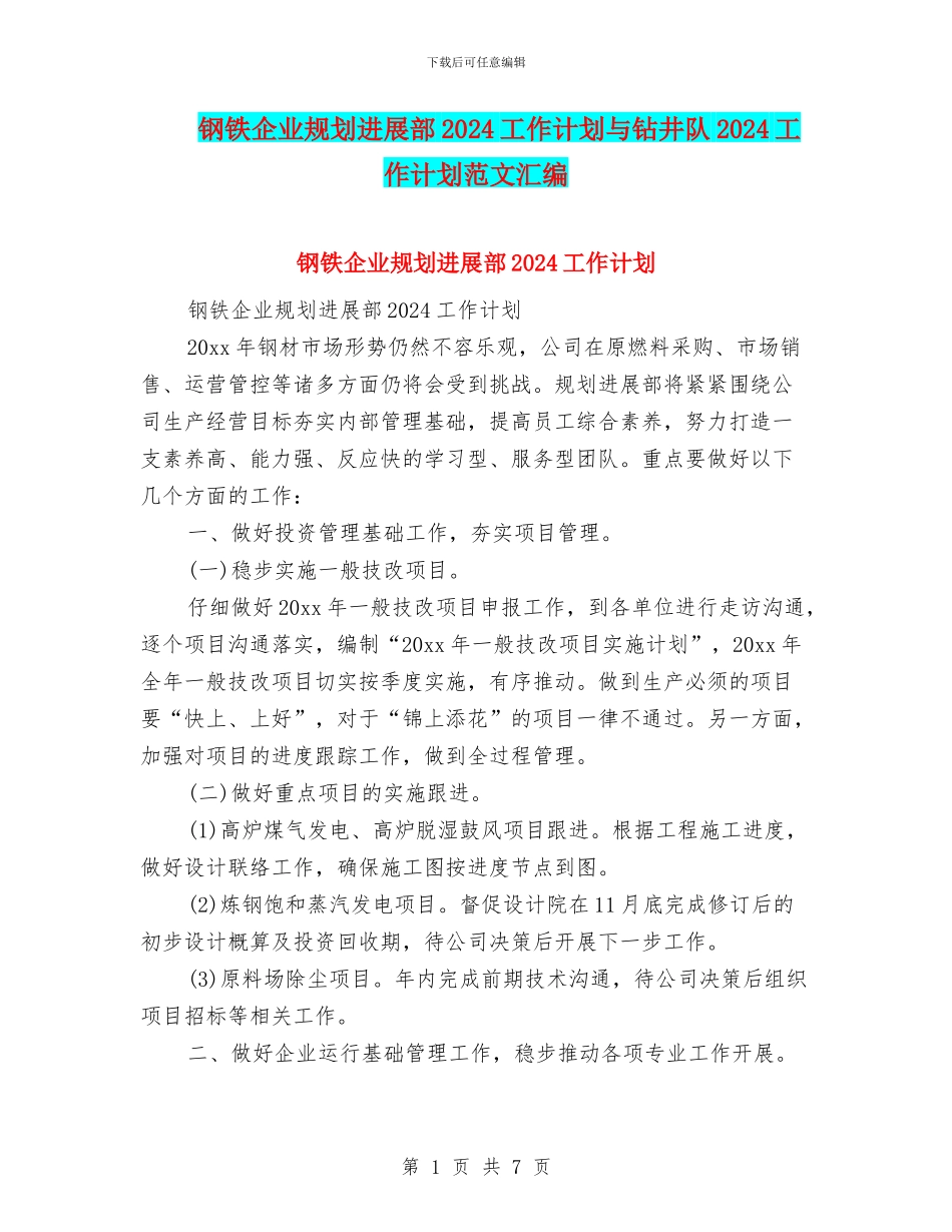 钢铁企业规划发展部2024工作计划与钻井队2024工作计划范文汇编_第1页