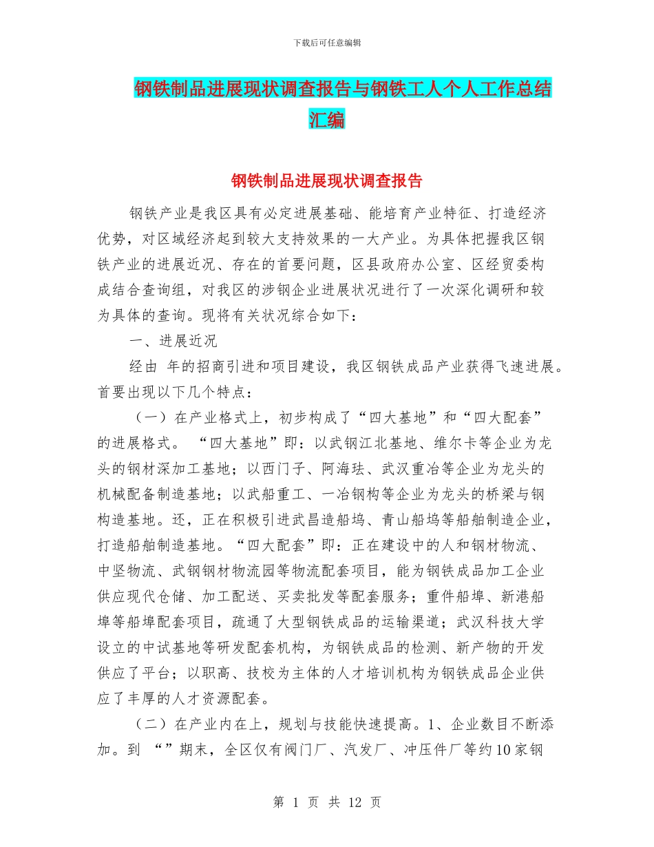 钢铁制品发展现状调查报告与钢铁工人个人工作总结汇编_第1页