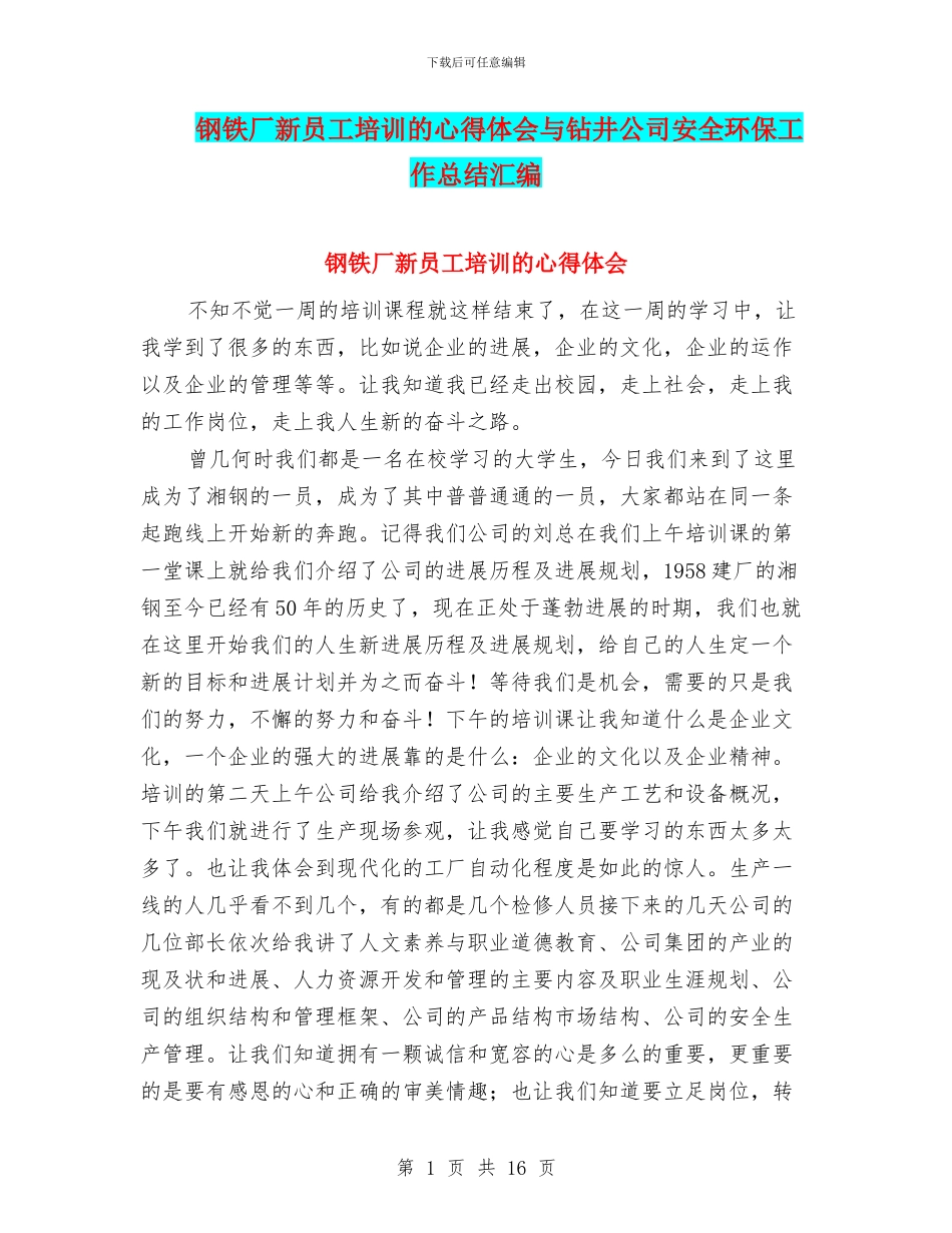 钢铁厂新员工培训的心得体会与钻井公司安全环保工作总结汇编_第1页