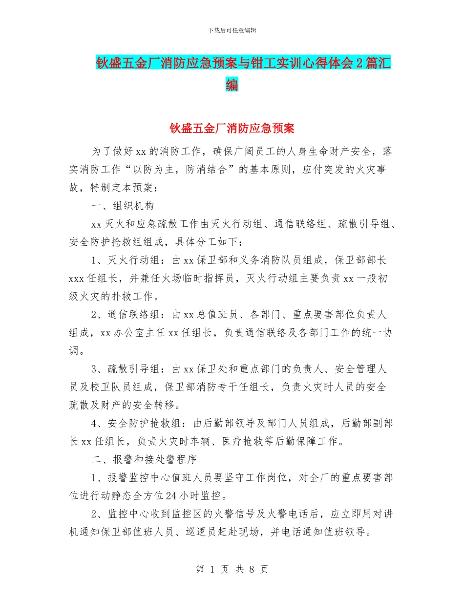 钬盛五金厂消防应急预案与钳工实训心得体会2篇汇编_第1页