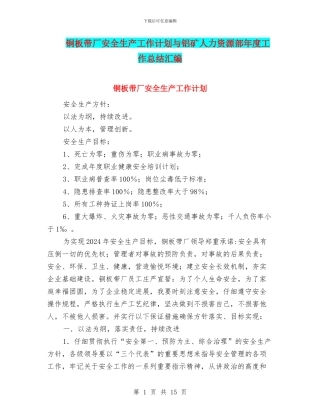 铜板带厂安全生产工作计划与铝矿人力资源部年度工作总结汇编
