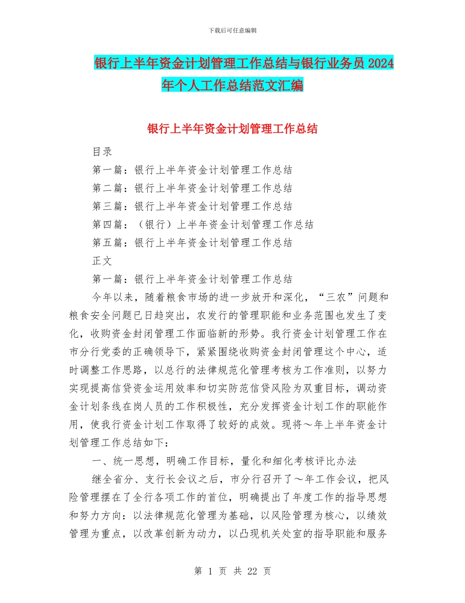 银行上半年资金计划管理工作总结与银行业务员2024年个人工作总结范文汇编_第1页