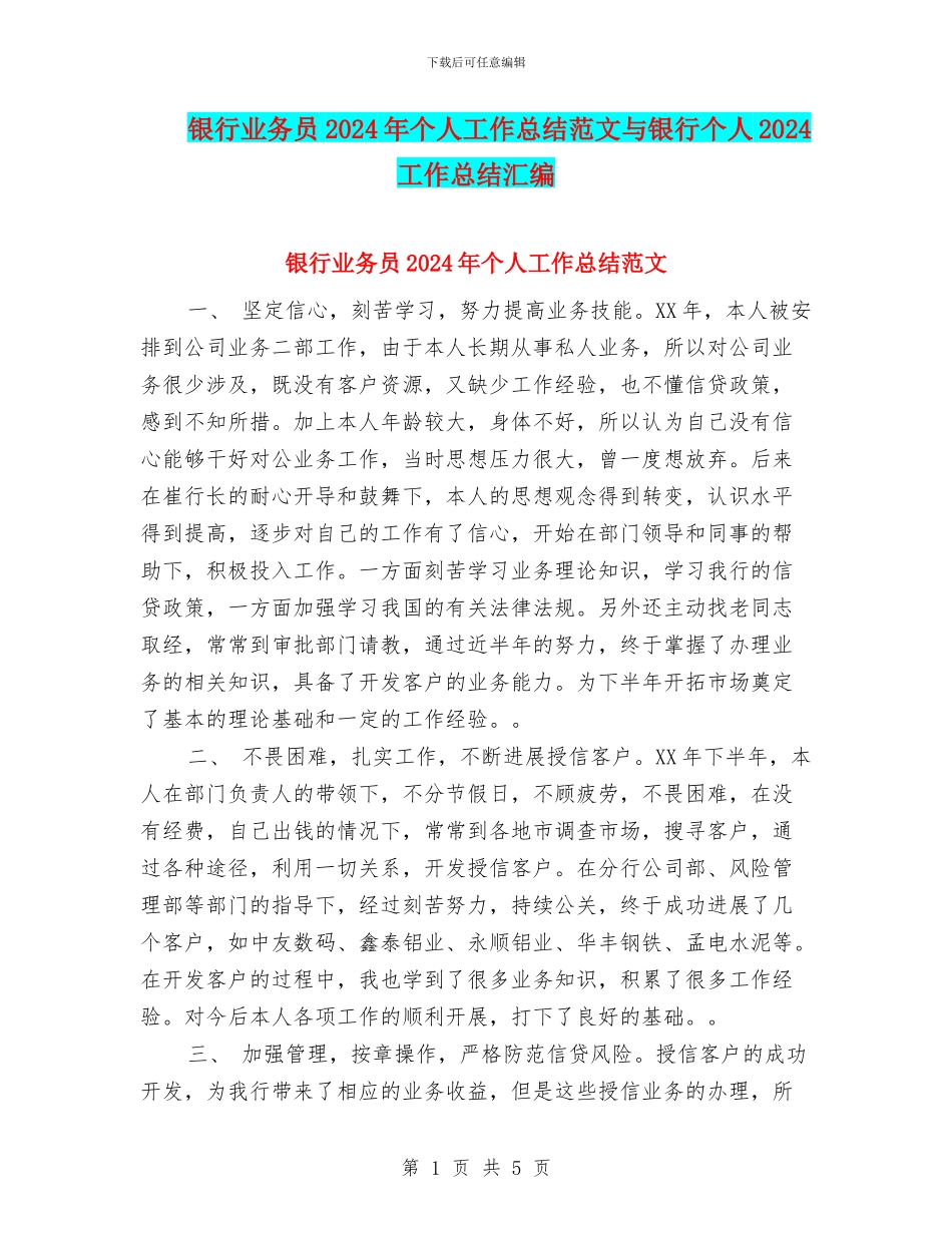 银行业务员2024年个人工作总结范文与银行个人2024工作总结汇编_第1页