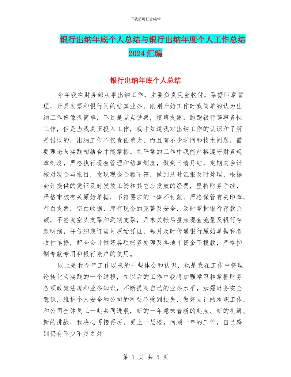 银行出纳年底个人总结与银行出纳年度个人工作总结2024汇编_第1页