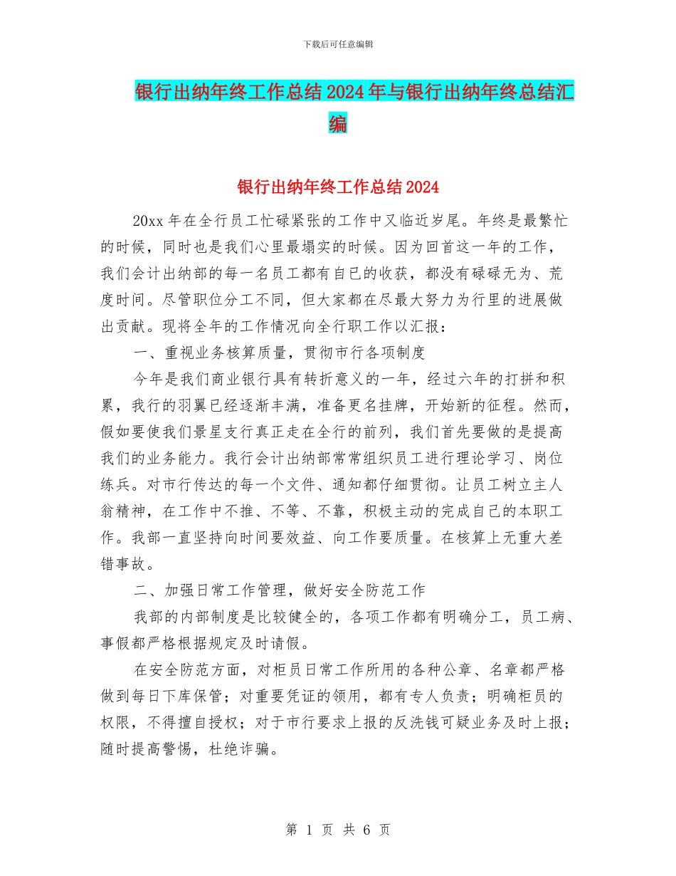 银行出纳年终工作总结2024年与银行出纳年终总结汇编_第1页