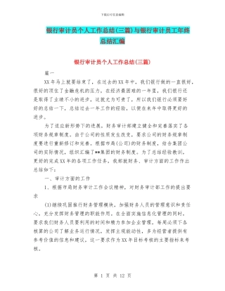 银行审计员个人工作总结与银行审计员工年终总结汇编