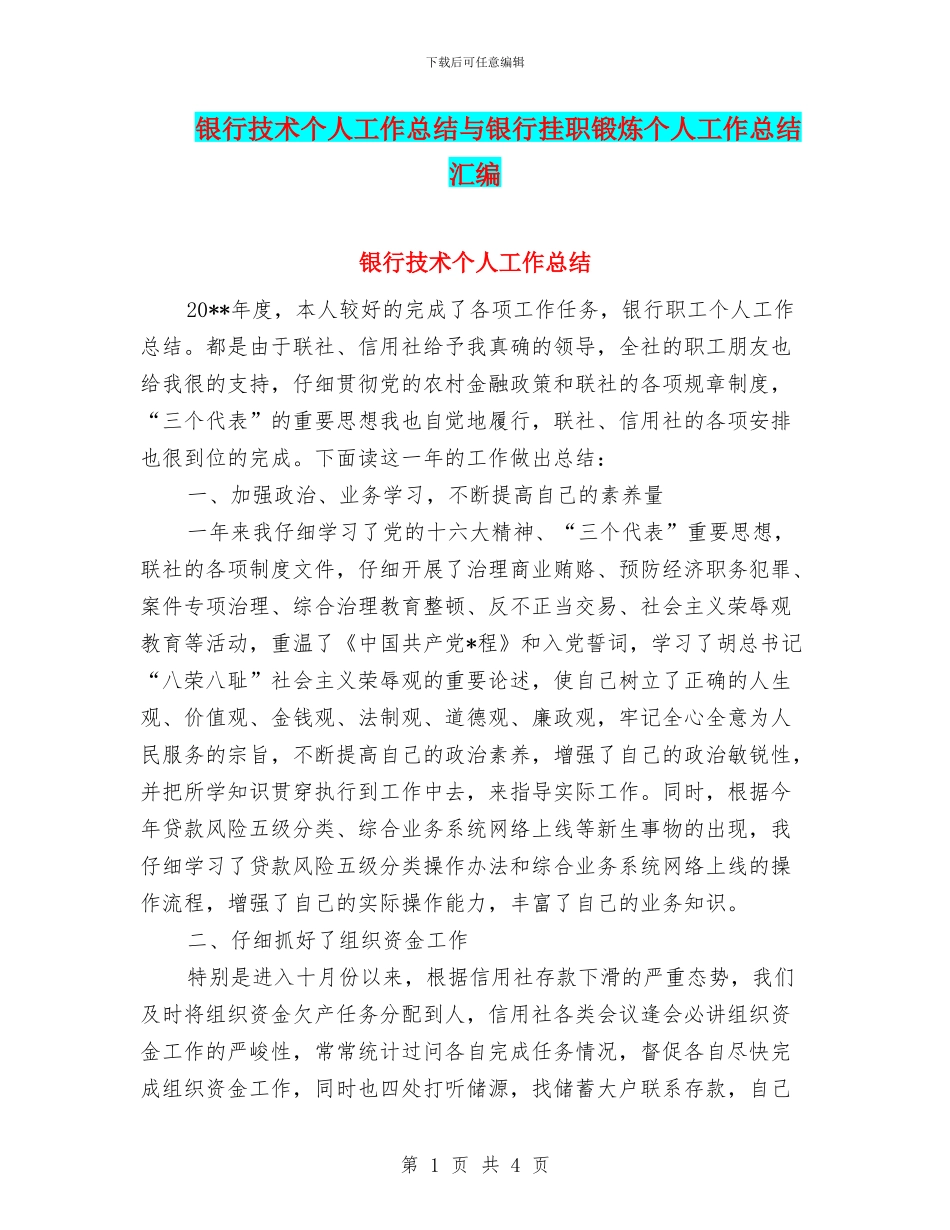银行技术个人工作总结与银行挂职锻炼个人工作总结汇编_第1页