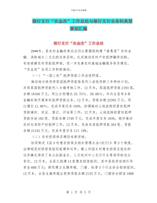 银行支行“农金改”工作总结与银行支行业务科典型事迹汇编