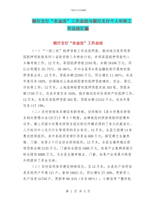 银行支行“农金改”工作总结与银行支行个人年终工作总结汇编