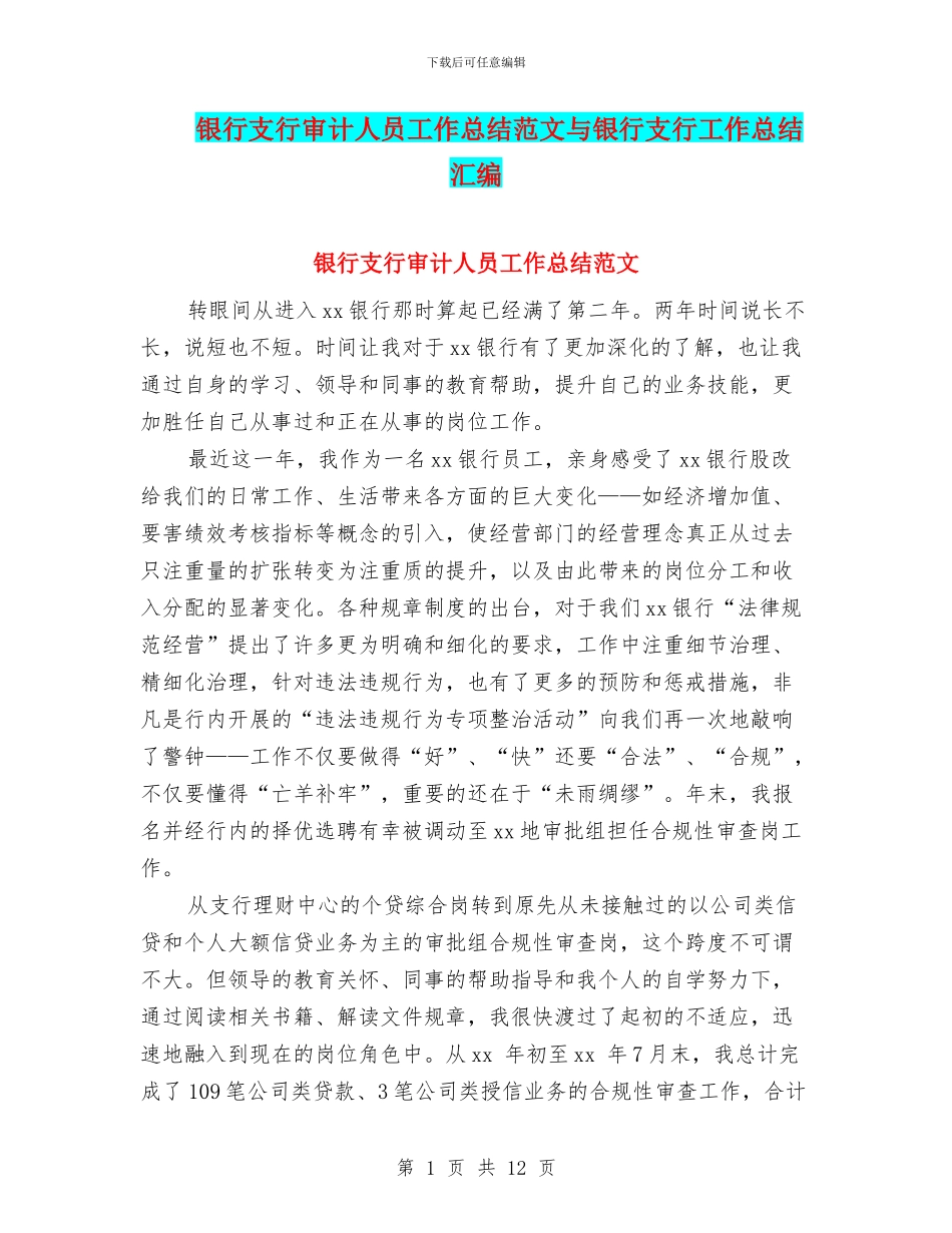 银行支行审计人员工作总结范文与银行支行工作总结汇编_第1页