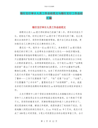 银行支行审计人员工作总结范文与银行支行工作总结汇编