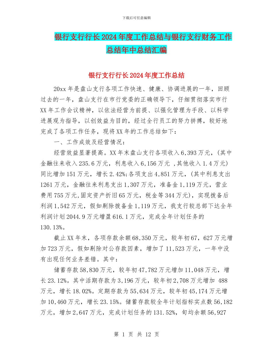 银行支行行长2024年度工作总结与银行支行财务工作总结年中总结汇编_第1页