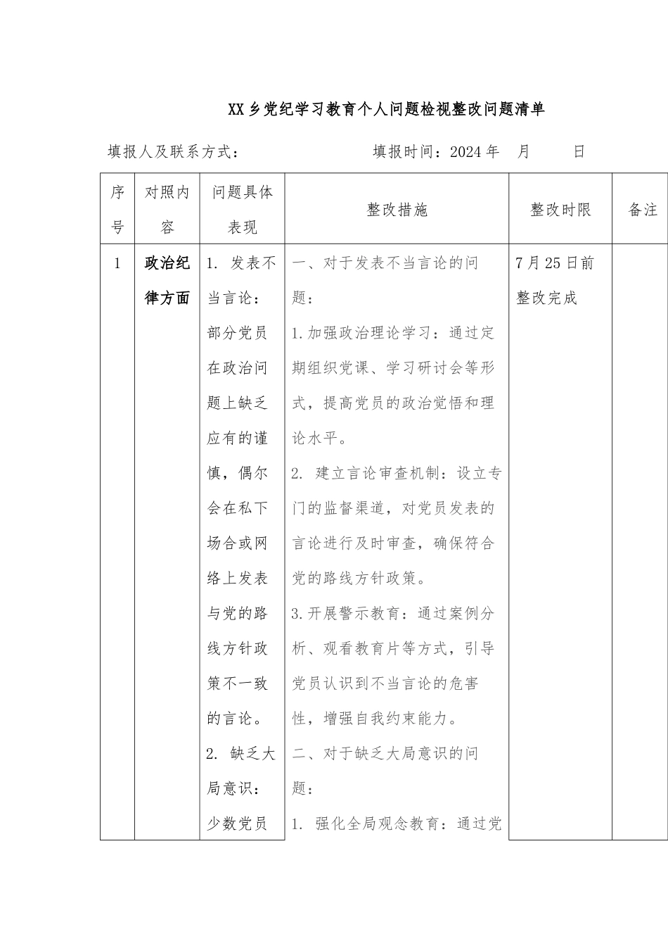 XX乡党纪学习教育个人问题检视整改问题清单_第1页