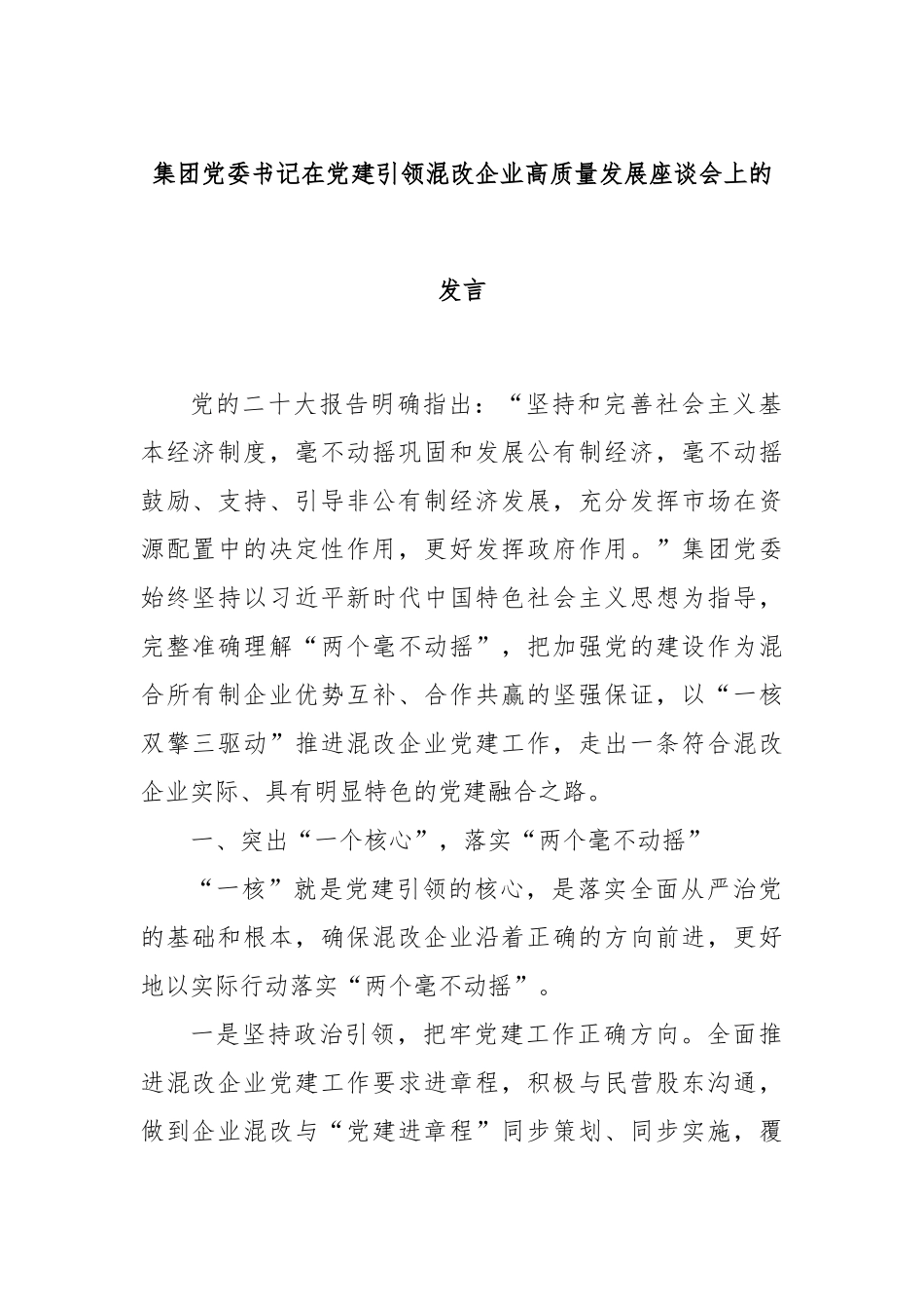 集团党委书记在党建引领混改企业高质量发展座谈会上的发言_第1页