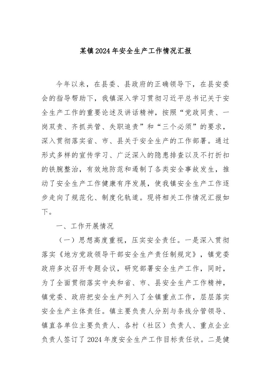 某镇2024年安全生产工作情况汇报_第1页